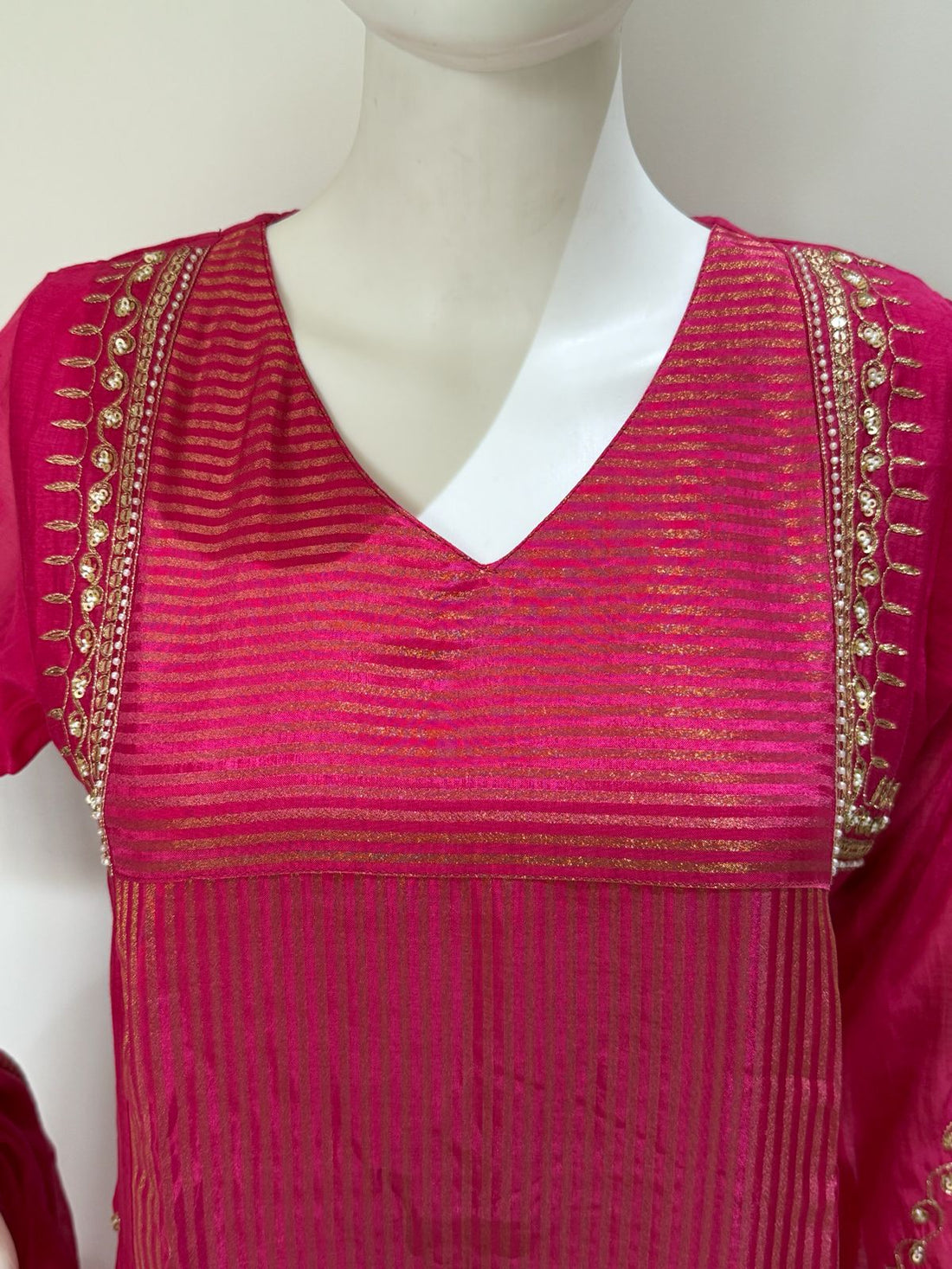 Rani Pink Pure Mul Chanderi A-Line Suit Set with Dupatta & Mul Cotton Lining