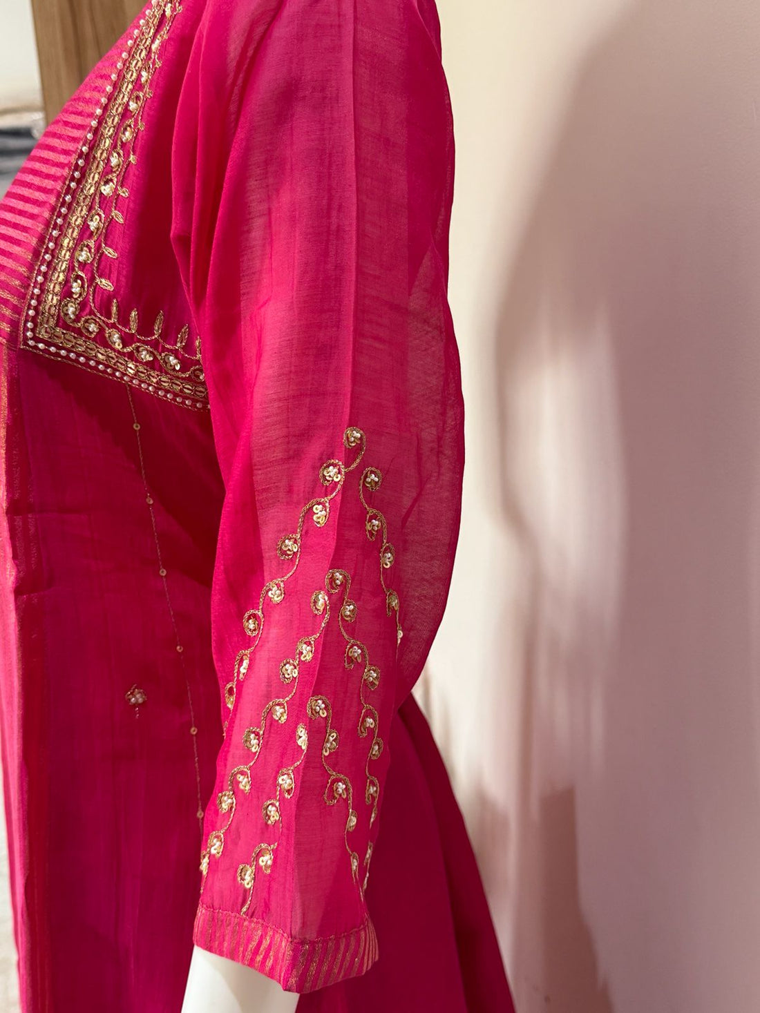 Rani Pink Pure Mul Chanderi A-Line Suit Set with Dupatta & Mul Cotton Lining