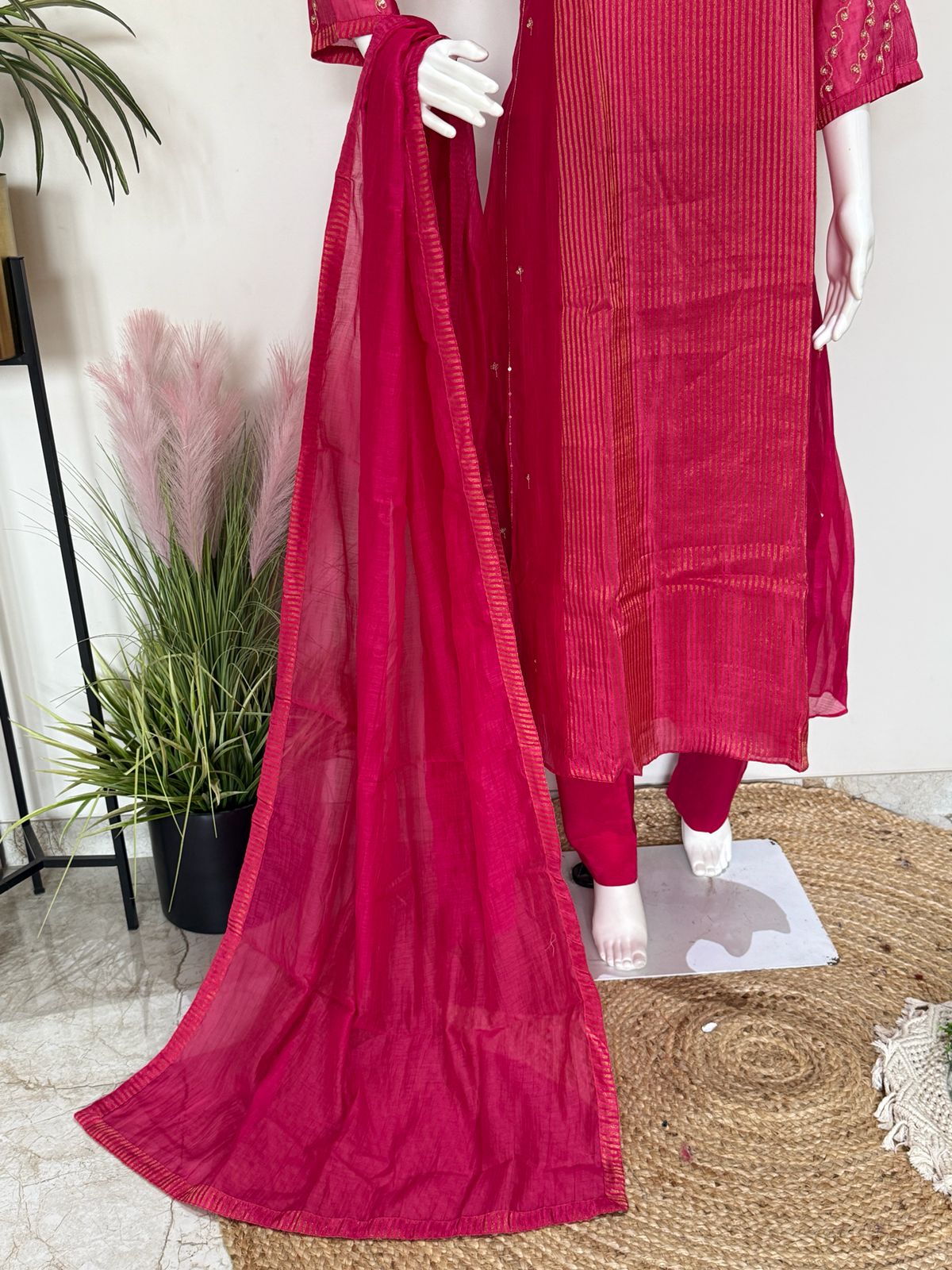 Rani Pink Pure Mul Chanderi A-Line Suit Set with Dupatta & Mul Cotton Lining