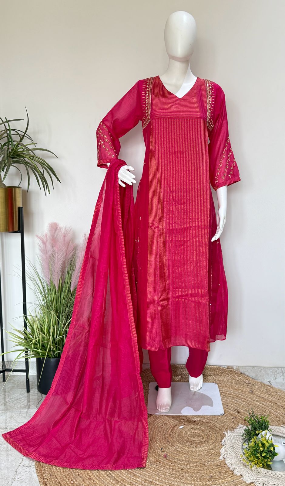 Rani Pink Pure Mul Chanderi A-Line Suit Set with Dupatta & Mul Cotton Lining