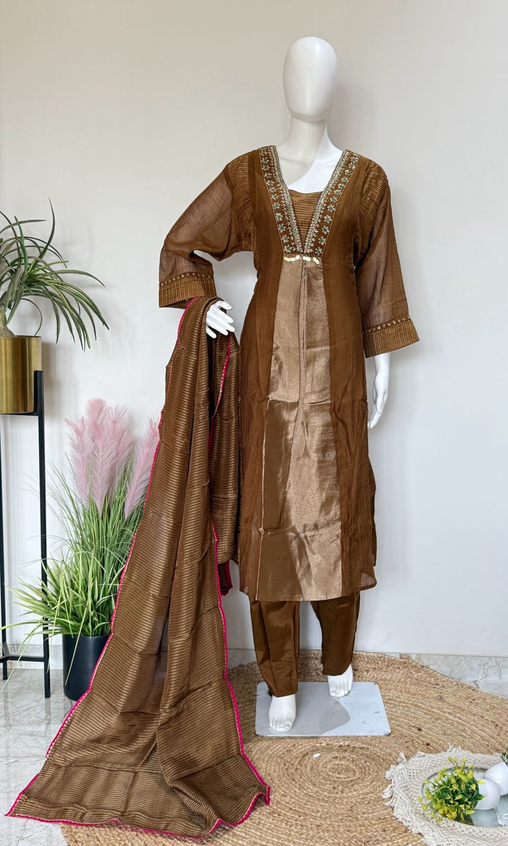 Original Banarasi Mul Chanderi with Handwork detailing Party Wear Suit Set