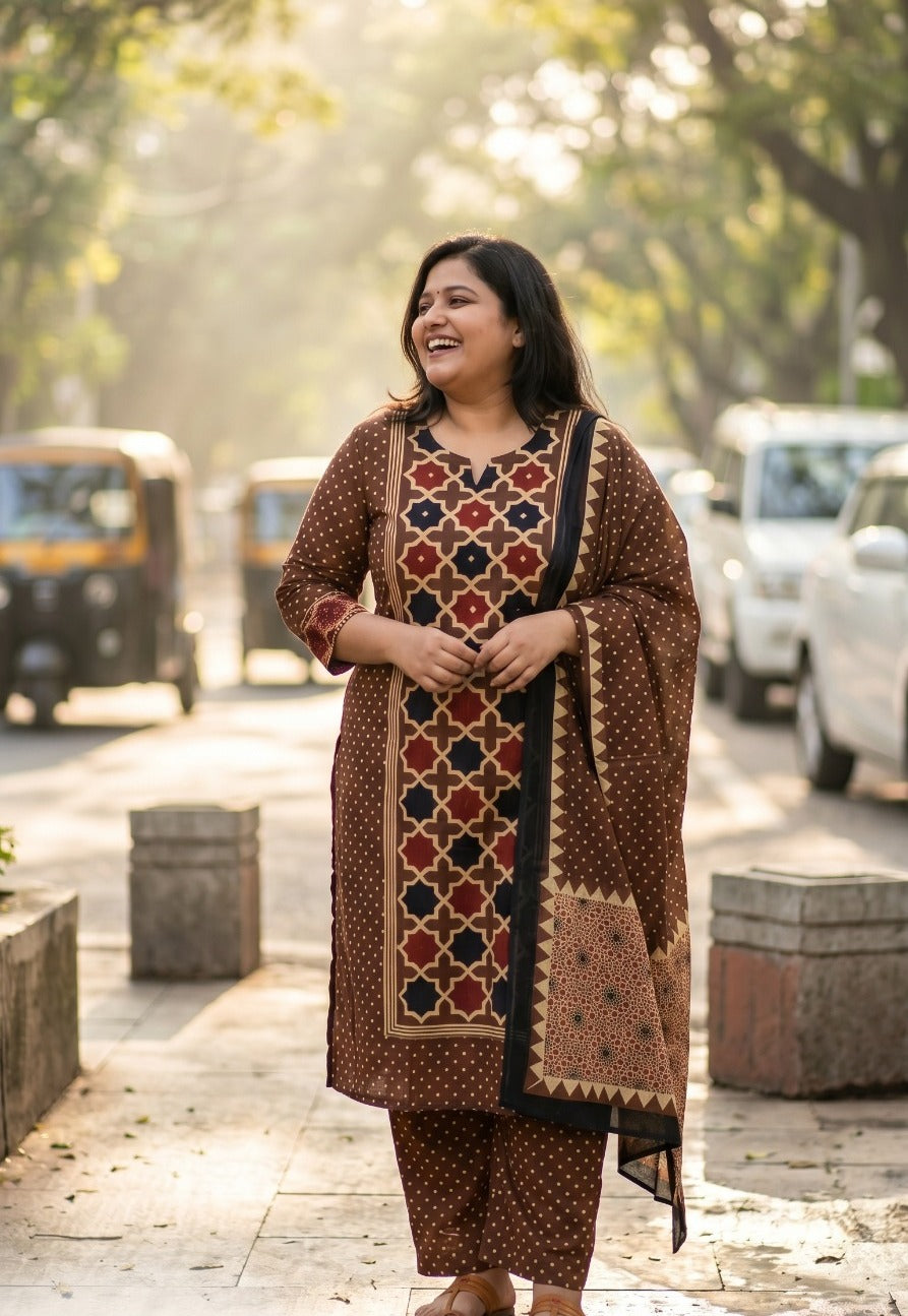 Plus Size Pure Cotton Kurta Palazzo Set with Printed Dupatta | Brown Ethnic Suit Set