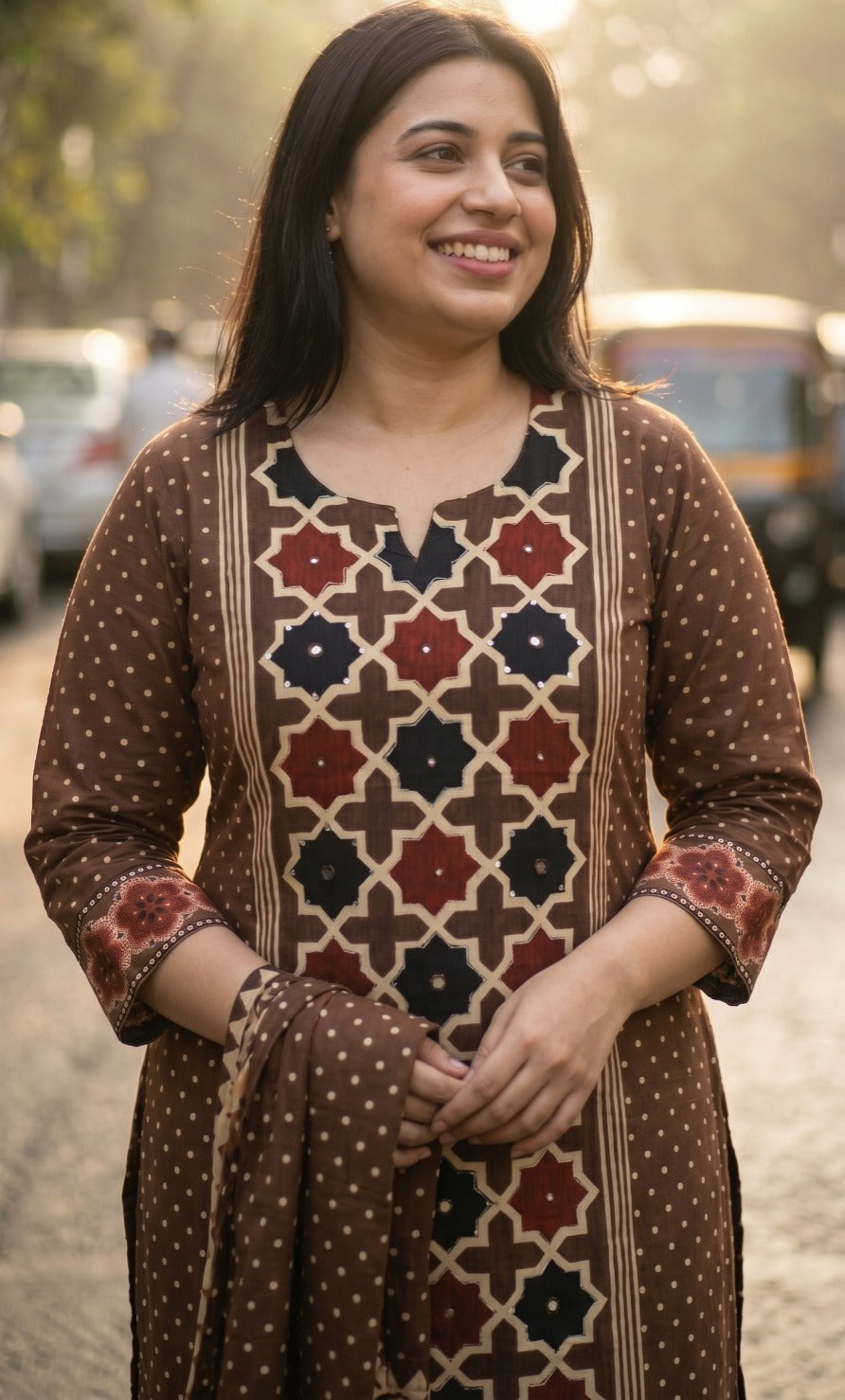 Plus Size Pure Cotton Kurta Palazzo Set with Printed Dupatta | Brown Ethnic Suit Set