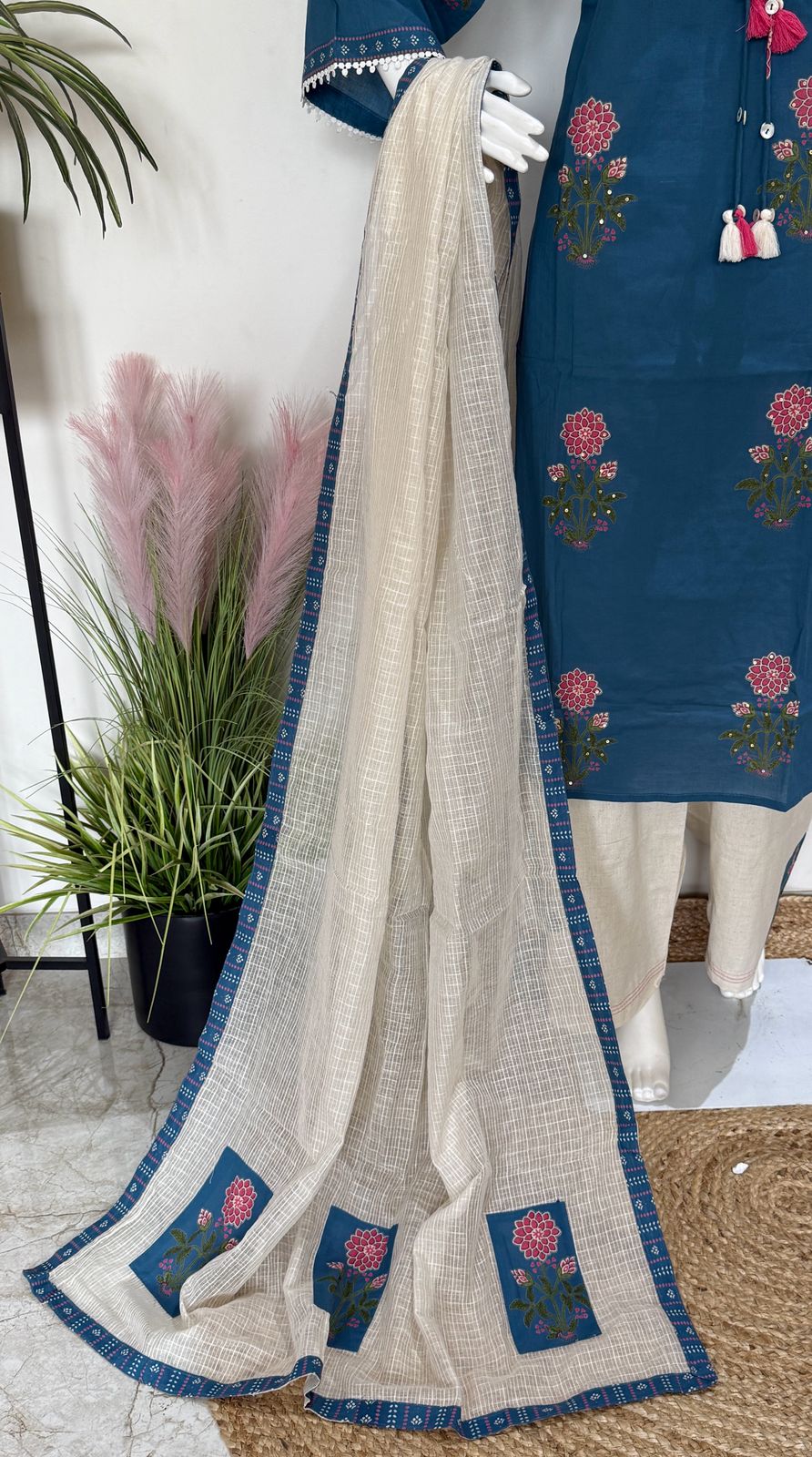 Pure Cotton Kurta Palazzo Set with Doriya Dupatta & Appliqué Work | Plus Size