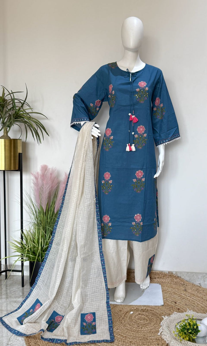 Pure Cotton Kurta Palazzo Set with Doriya Dupatta & Appliqué Work | Plus Size