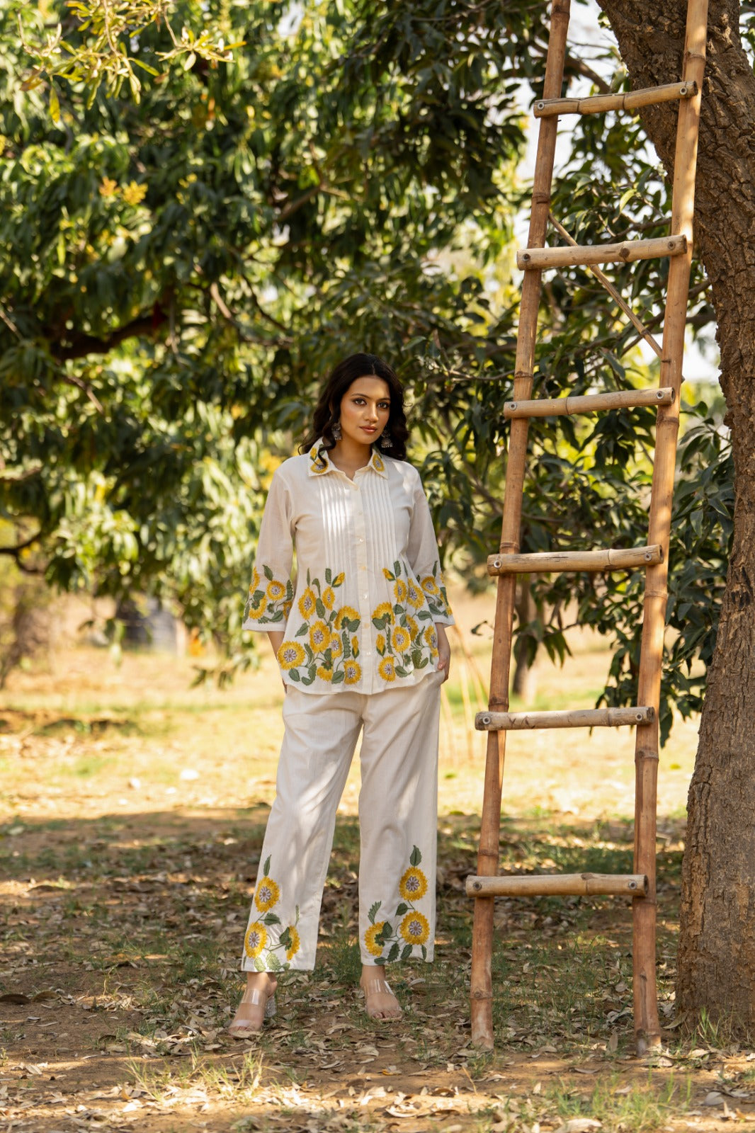 Sunflower Bloom Premium Cotton Co-Ord Set with Heavy embroidery Openable Button