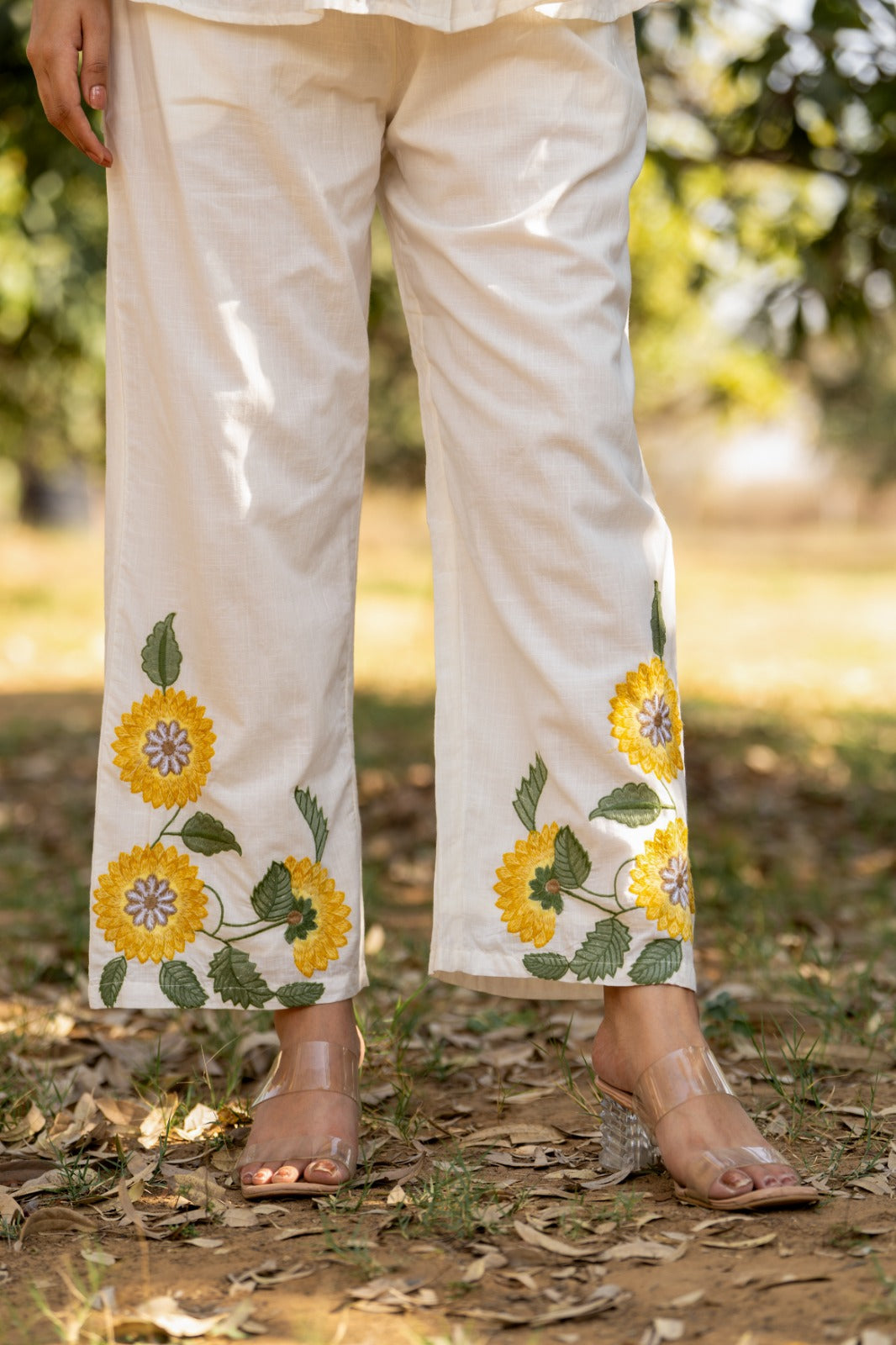 Sunflower Bloom Premium Cotton Co-Ord Set with Heavy embroidery Openable Button
