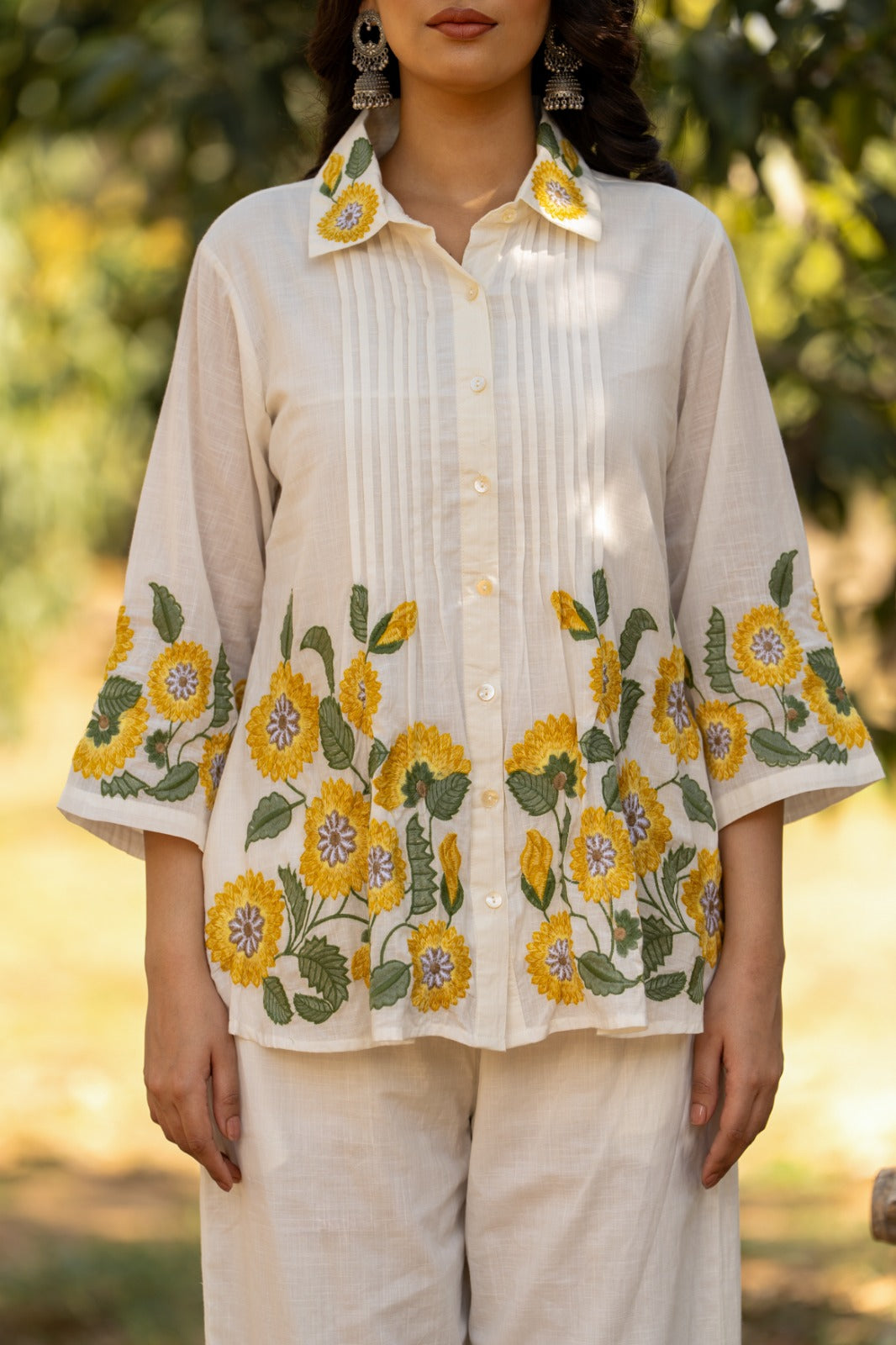 Sunflower Bloom Premium Cotton Co-Ord Set with Heavy embroidery Openable Button