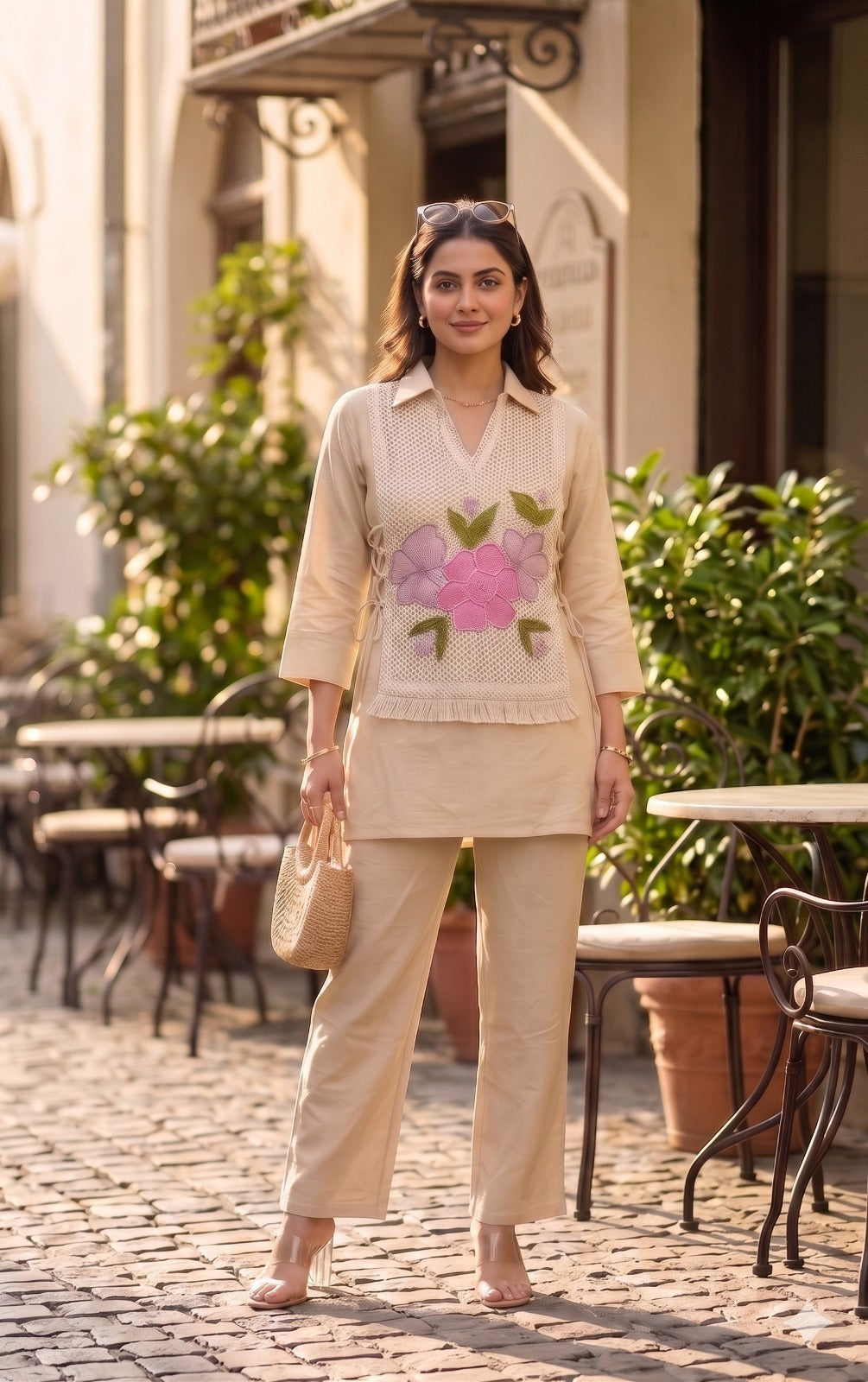 Pure Cotton Crochet Detailing & Floral Appliqué Co-Ord Set  – Premium Beige Cord Set