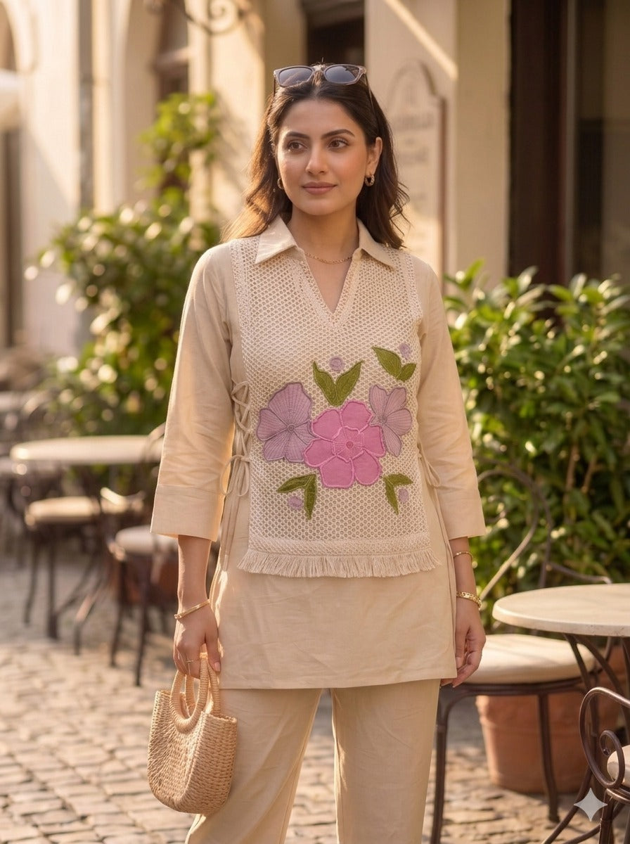 Pure Cotton Crochet Detailing & Floral Appliqué Co-Ord Set  – Premium Beige Cord Set