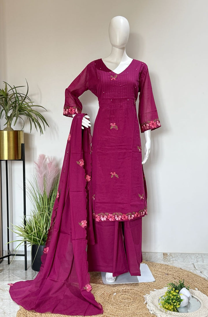 Floral Elegance Pure Mul Cotton Wine color Palazzo Suit Set