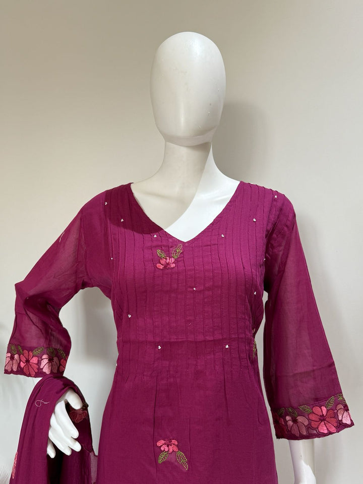 Floral Elegance Pure Mul Cotton Wine color Palazzo Suit Set