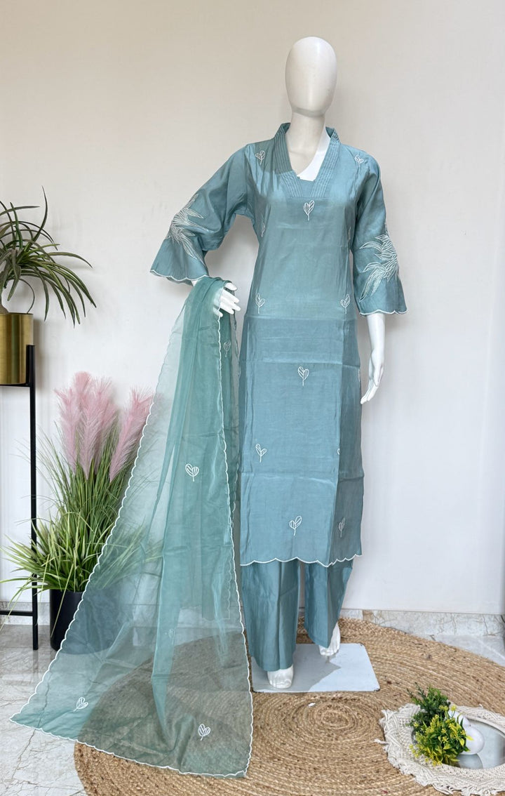 Sea Green Muslin Embroidered 3-Piece Suit Set with Dupatta
