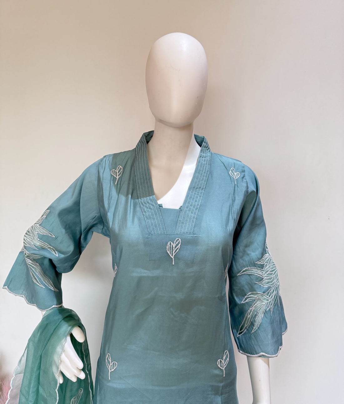 Sea Green Muslin Embroidered 3-Piece Suit Set with Dupatta