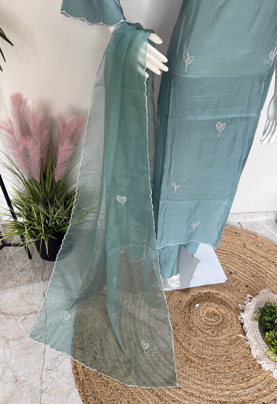 Sea Green Muslin Embroidered 3-Piece Suit Set with Dupatta