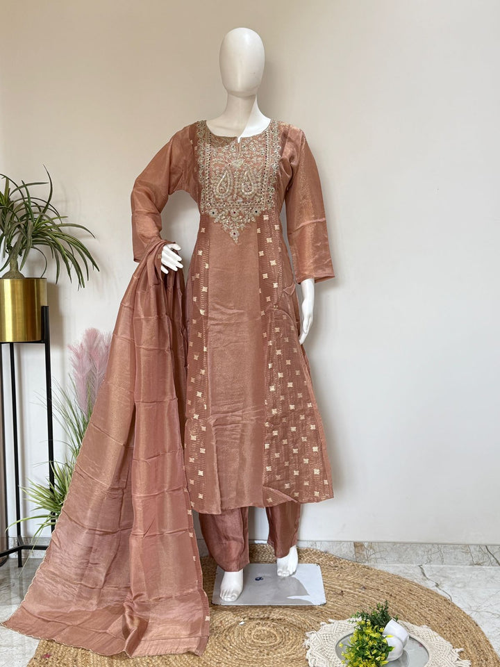 Blush Peach Pure Tissue With Zari 3-Piece Suit Set with Dupatta