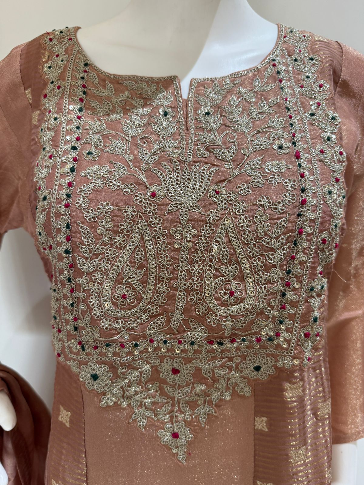 Blush Peach Pure Tissue With Zari 3-Piece Suit Set with Dupatta
