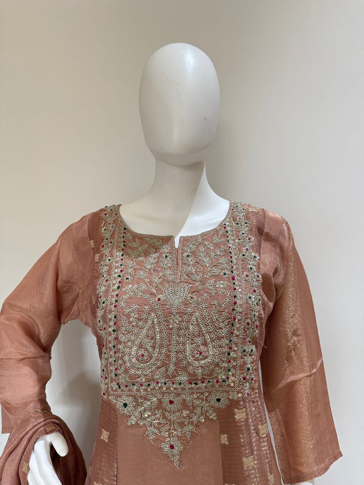 Blush Peach Pure Tissue With Zari 3-Piece Suit Set with Dupatta