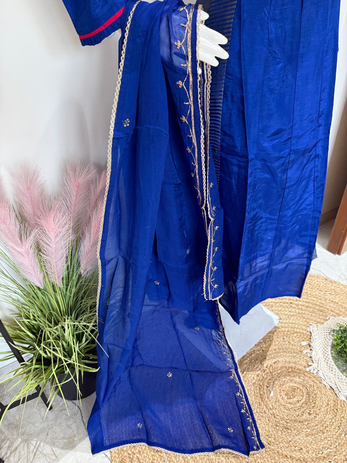 Electric Blue Zardozi Handwork Dola Silk And Tissue Anarkali Suit Set with Organza Dupatta