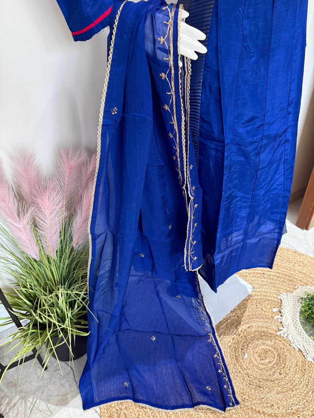 Electric Blue Zardozi Handwork Dola Silk And Tissue Anarkali Suit Set with Organza Dupatta