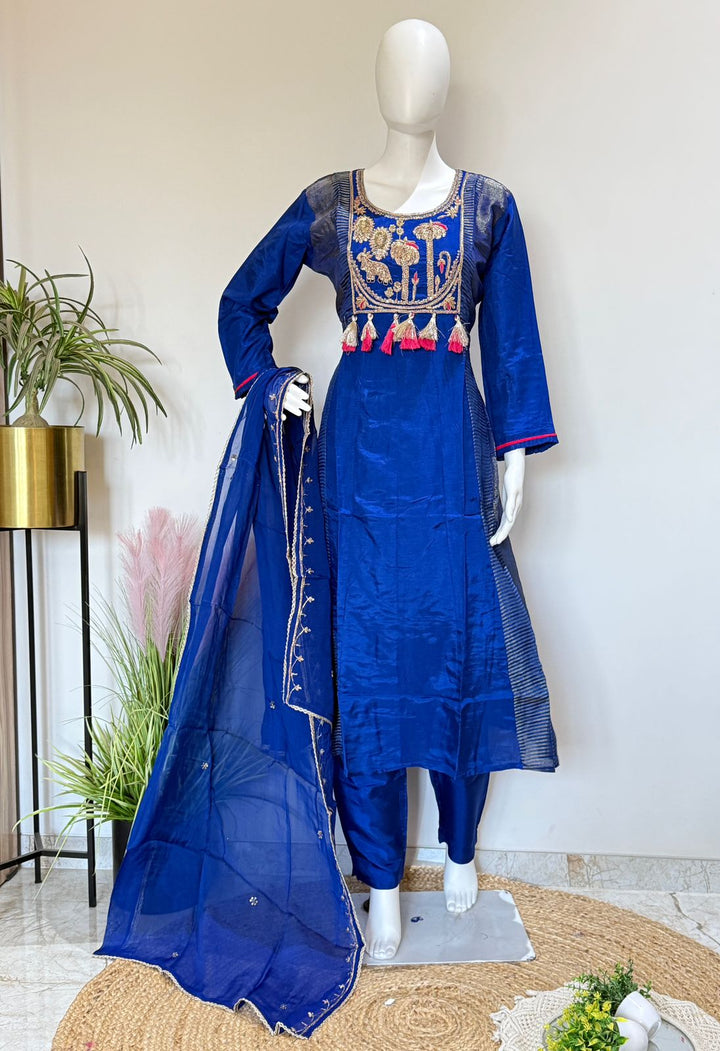 Electric Blue Zardozi Handwork Dola Silk And Tissue Anarkali Suit Set with Organza Dupatta