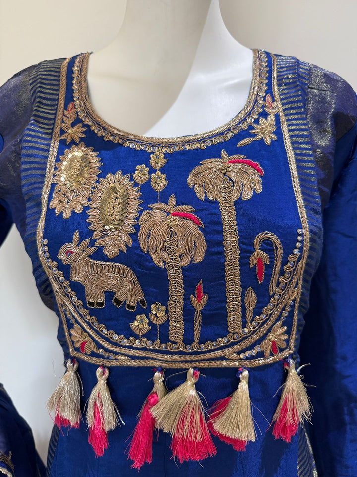 Electric Blue Zardozi Handwork Dola Silk And Tissue Anarkali Suit Set with Organza Dupatta