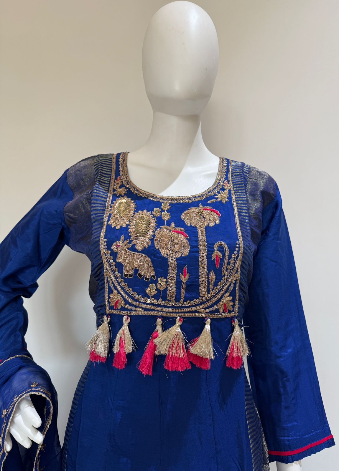Electric Blue Zardozi Handwork Dola Silk And Tissue Anarkali Suit Set with Organza Dupatta