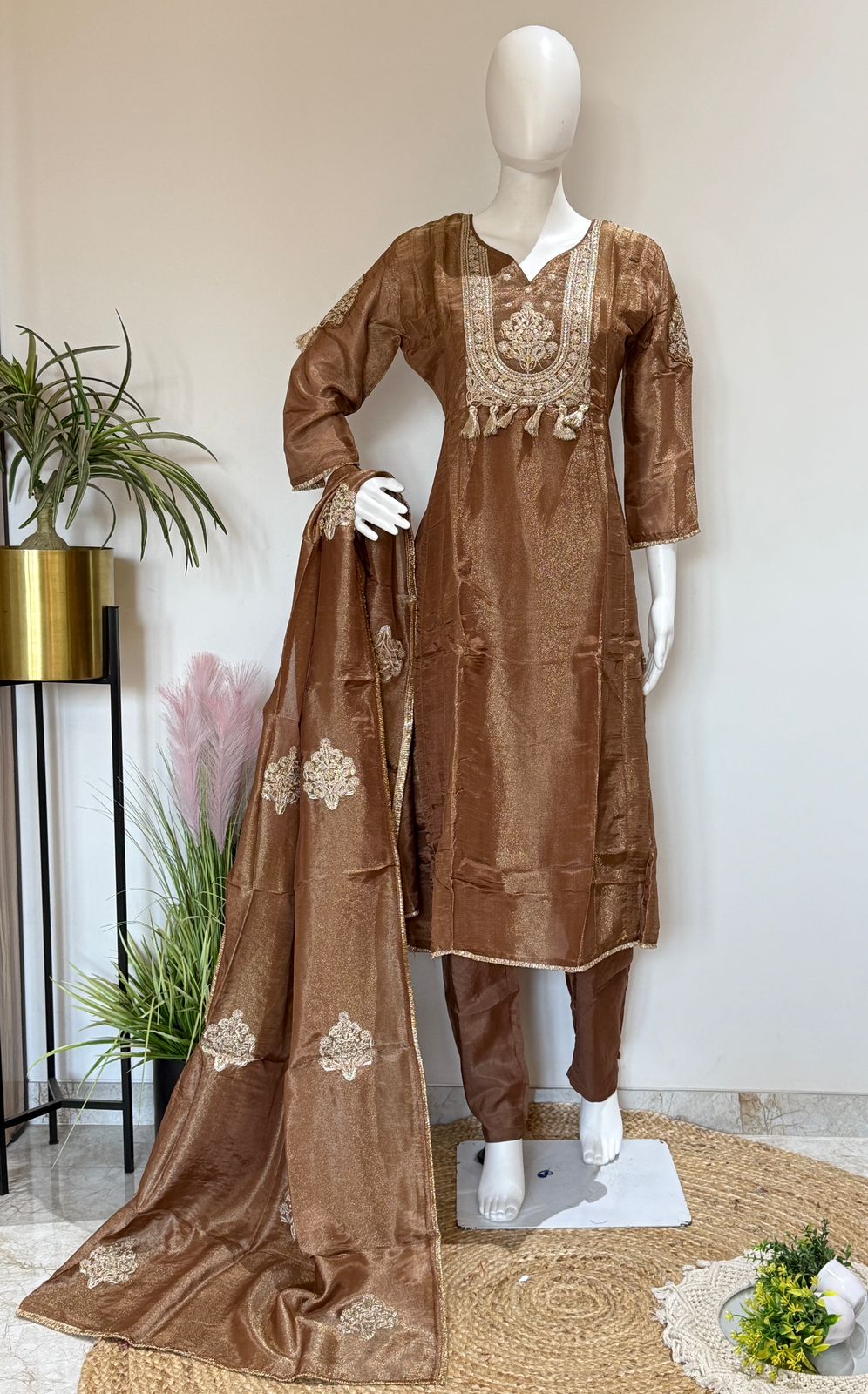 Brown Tissue with Zari Work A-Line Party Wear Suit Set