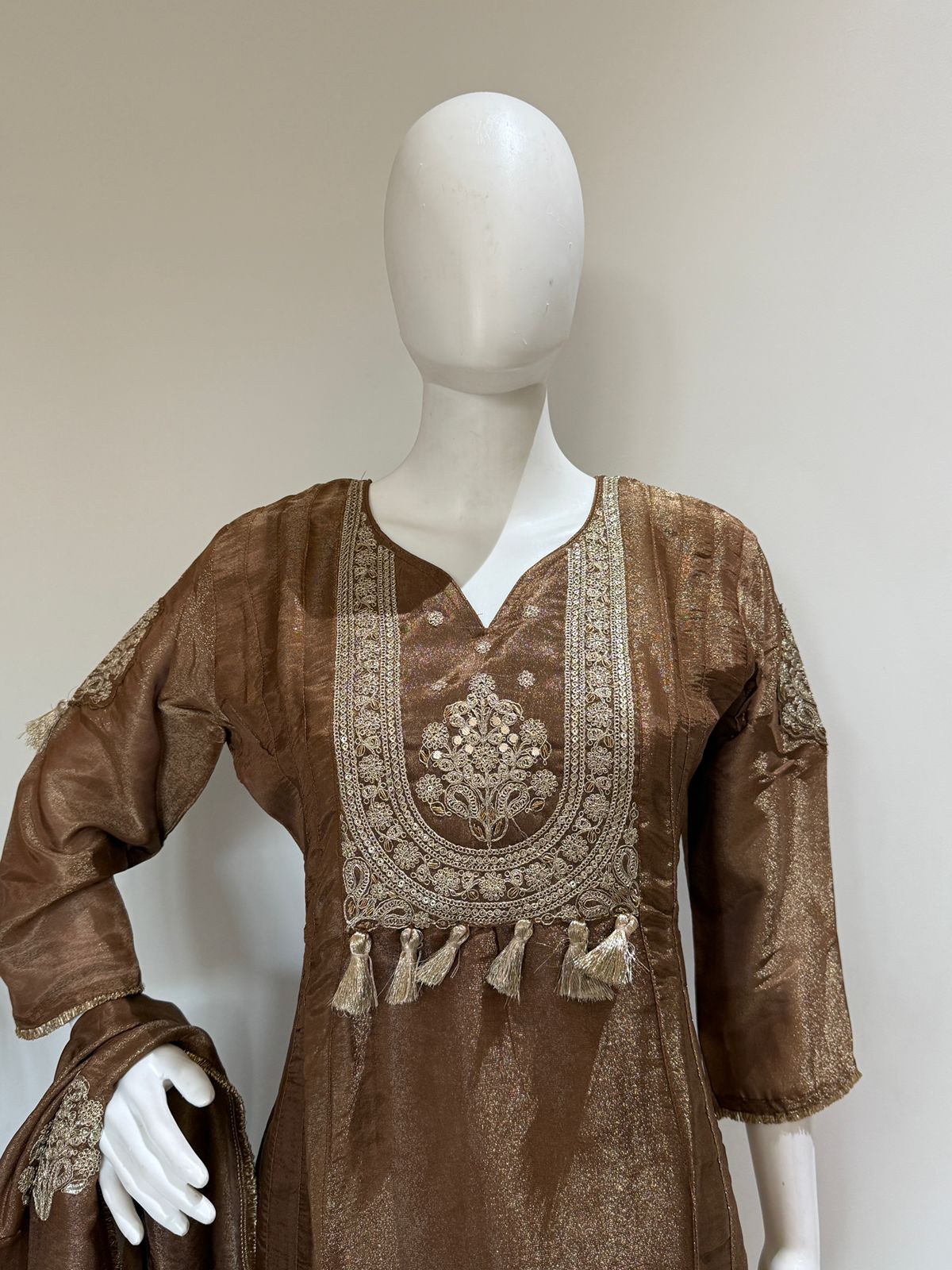 Brown Tissue with Zari Work A-Line Party Wear Suit Set