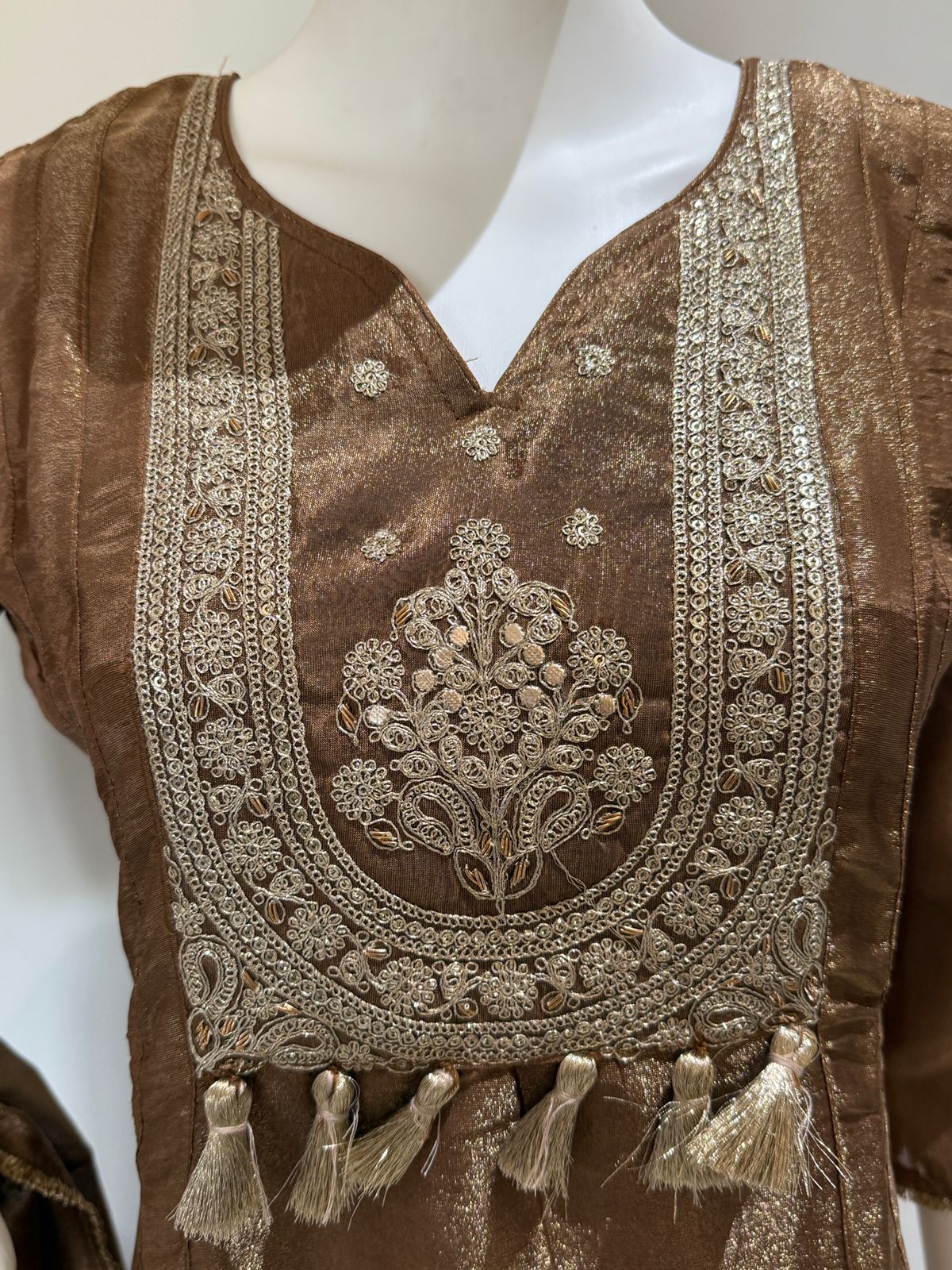 Brown Tissue with Zari Work A-Line Party Wear Suit Set