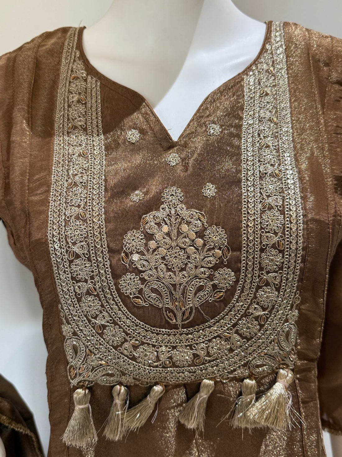 Brown Tissue with Zari Work A-Line Party Wear Suit Set
