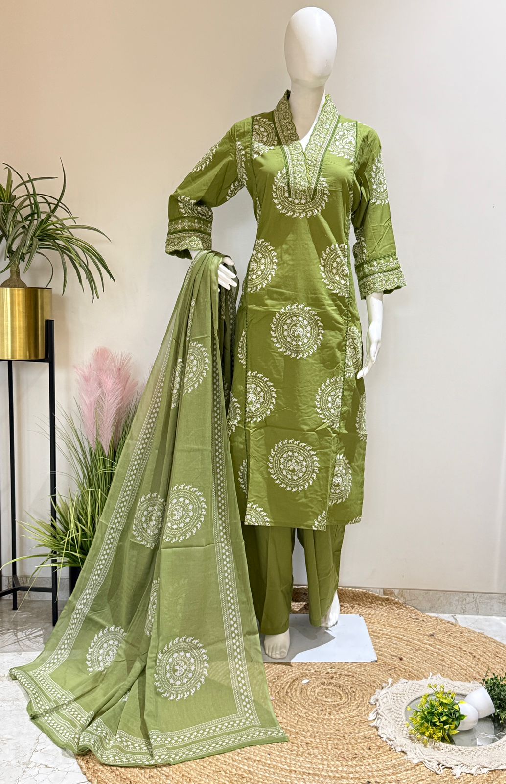 Olive Green Pure Cotton Printed Kurta Pant Dupatta Set | Ethnic 3 Piece Suit Set
