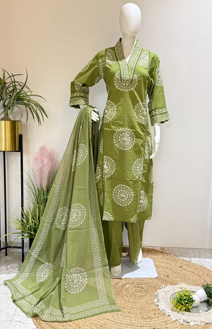 Olive Green Pure Cotton Printed Kurta Pant Dupatta Set | Ethnic 3 Piece Suit Set
