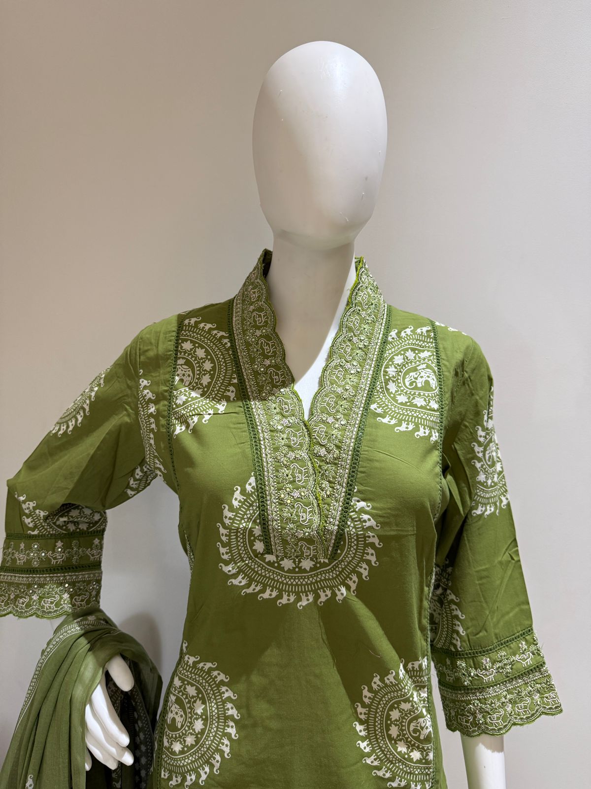Olive Green Pure Cotton Printed Kurta Pant Dupatta Set | Ethnic 3 Piece Suit Set