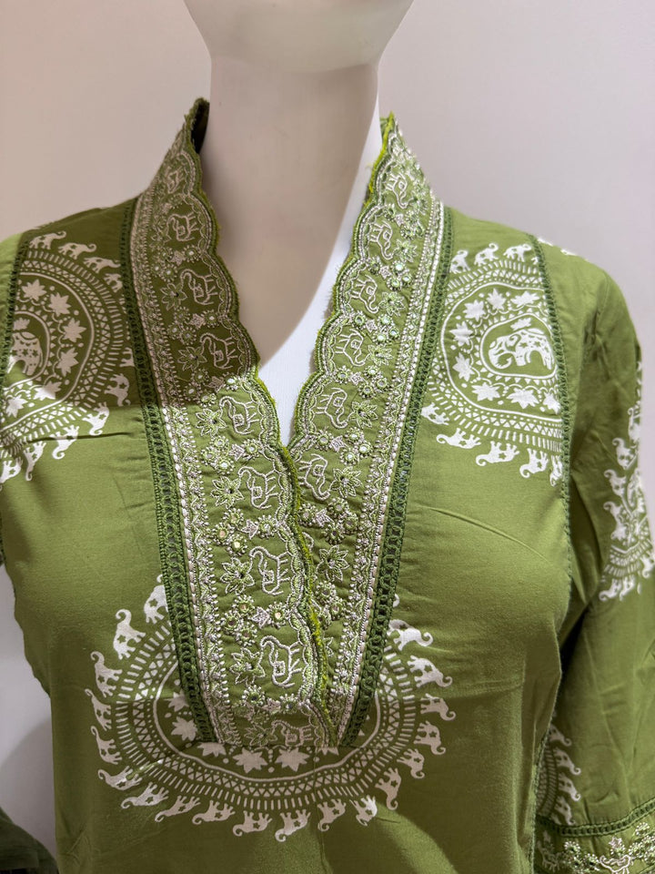 Olive Green Pure Cotton Printed Kurta Pant Dupatta Set | Ethnic 3 Piece Suit Set