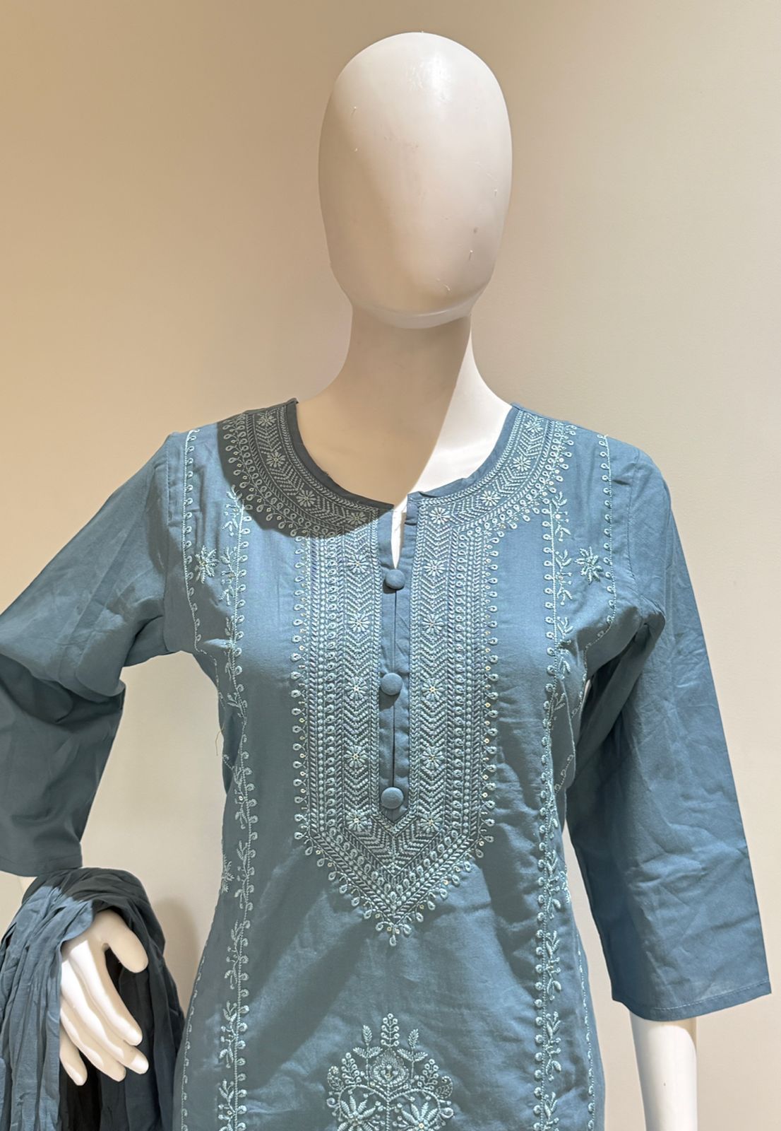 Sky Blue Hand Embroidered Pure Cotton Dupatta Set