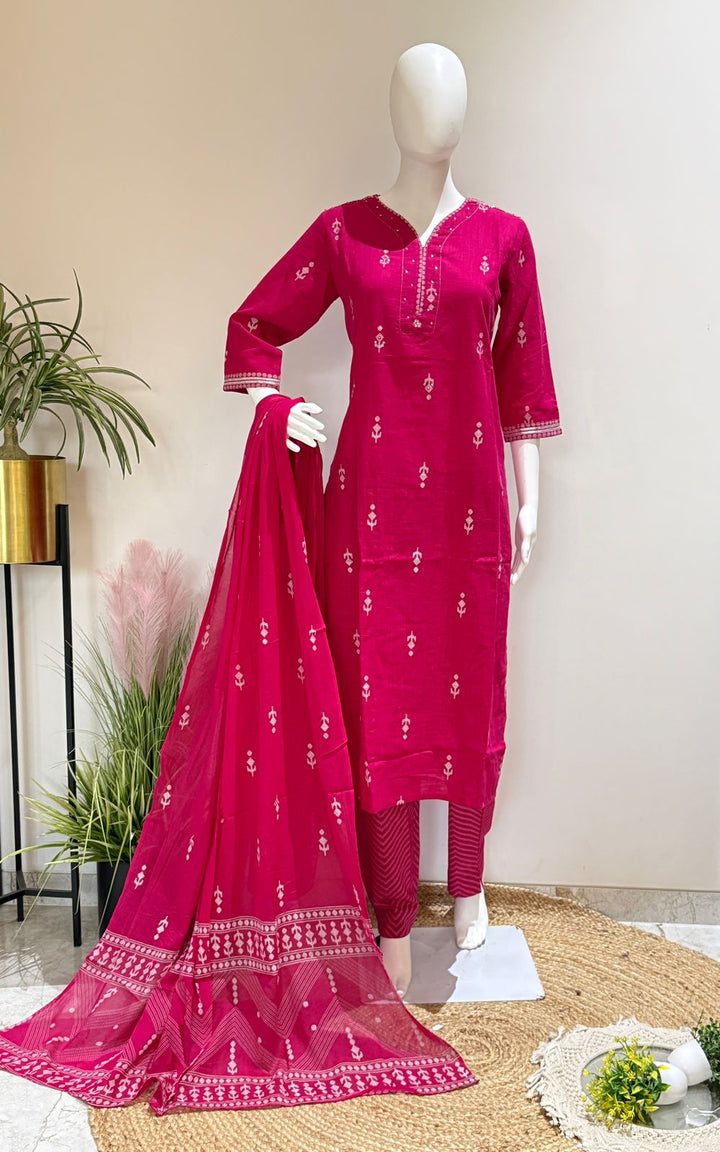 Rani Pink Pure Slub Cotton Suit Set with Dupatta