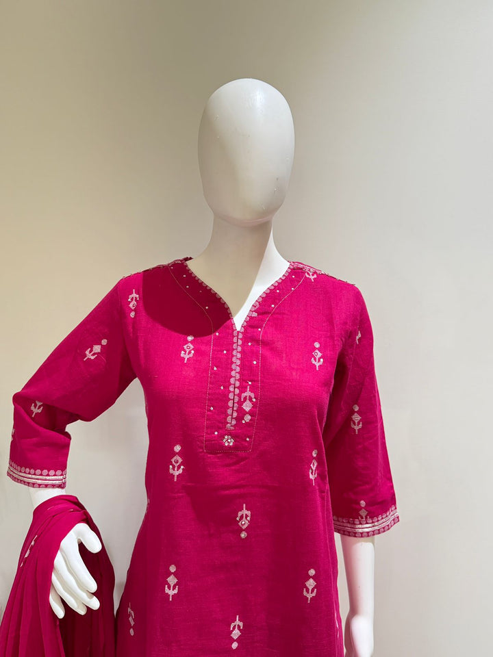 Rani Pink Pure Slub Cotton Suit Set with Dupatta