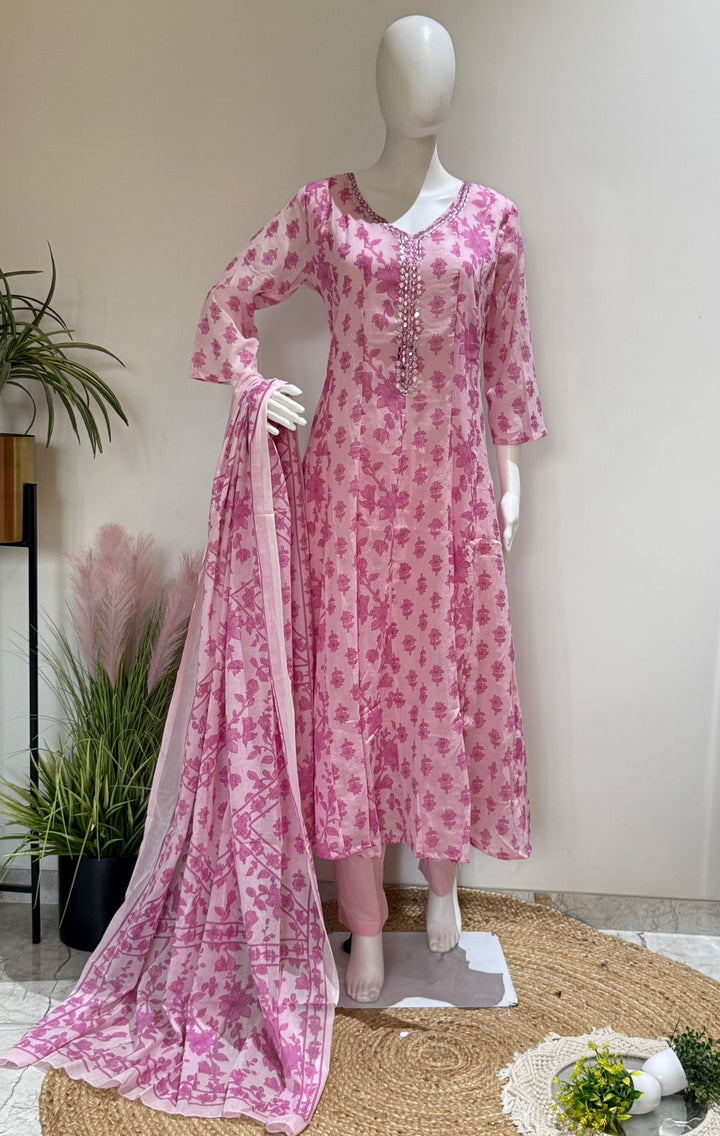 Blush Bloom Anarkali Mul Cotton Suit Set with Dupatta