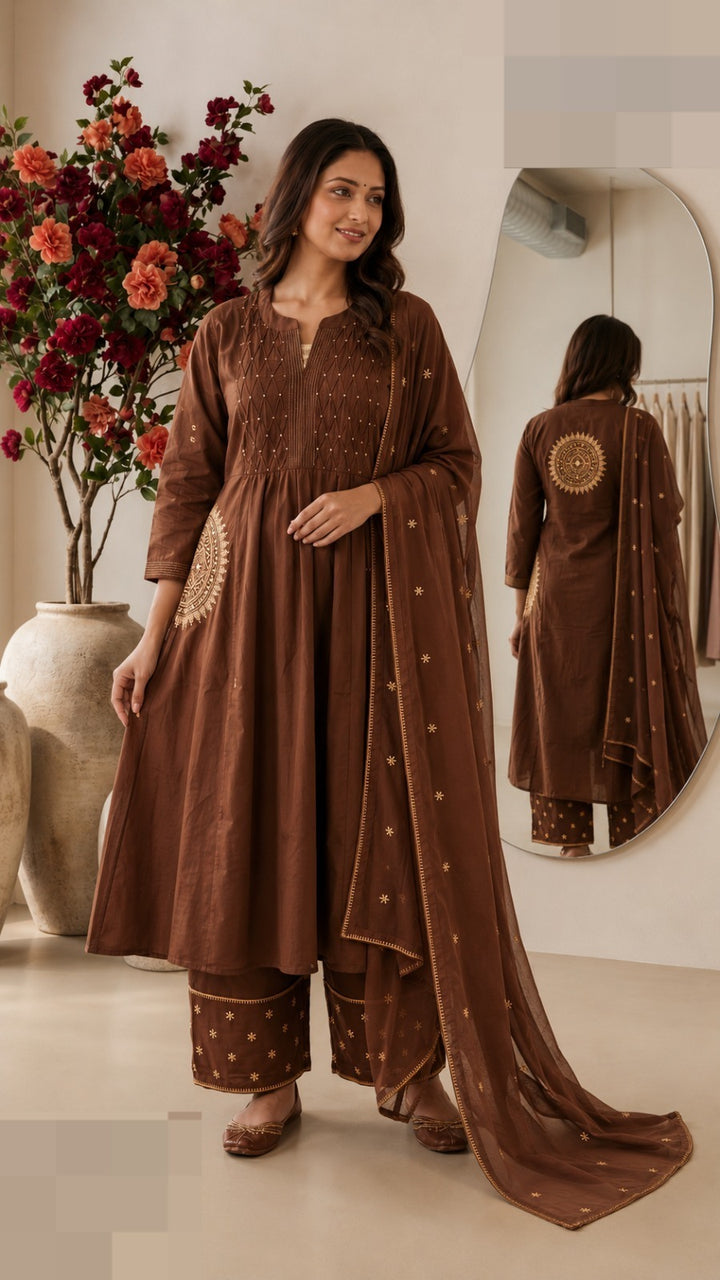 Brown Embroidered Anarkali Kurta Set with Palazo & Dupatta Pure cotton