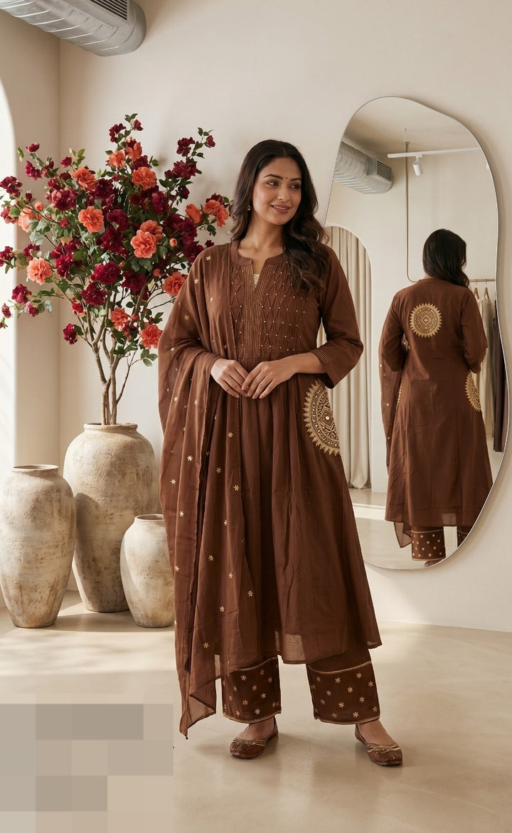 Brown Embroidered Anarkali Kurta Set with Palazo & Dupatta Pure cotton