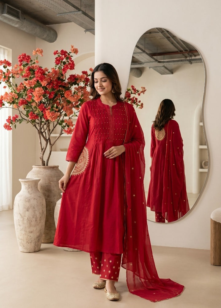 Dark Pink Embroidered Anarkali Kurta Set with Dupatta & Plazo Pure cotton