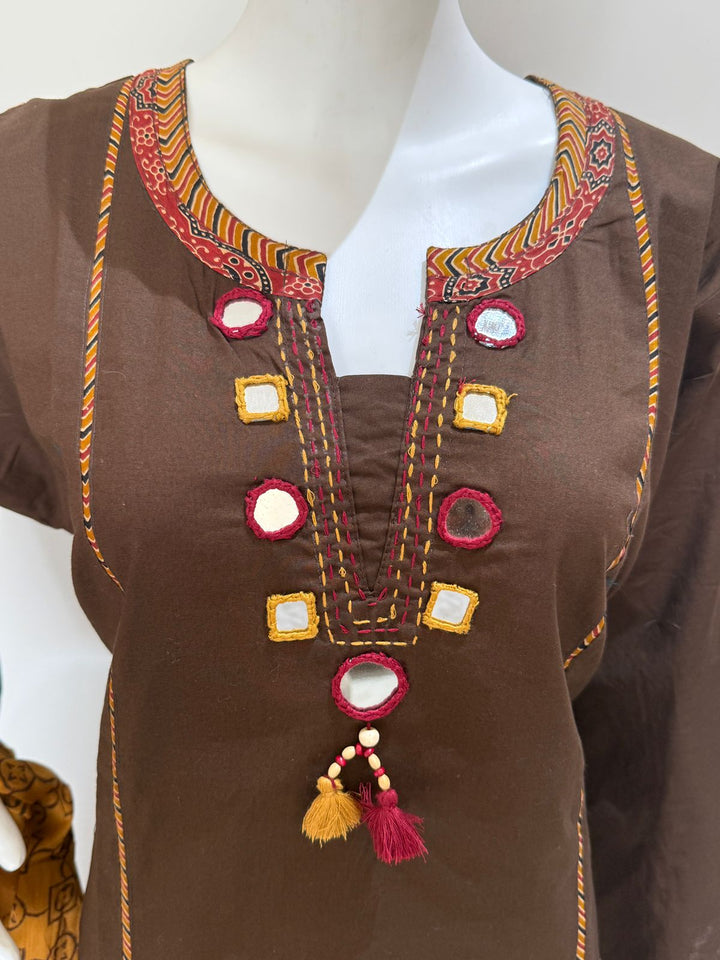 Brown Mirror Work Pure Dabu Cotton Palazo Suit Set