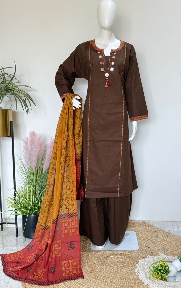 Brown Mirror Work Pure Dabu Cotton Palazo Suit Set