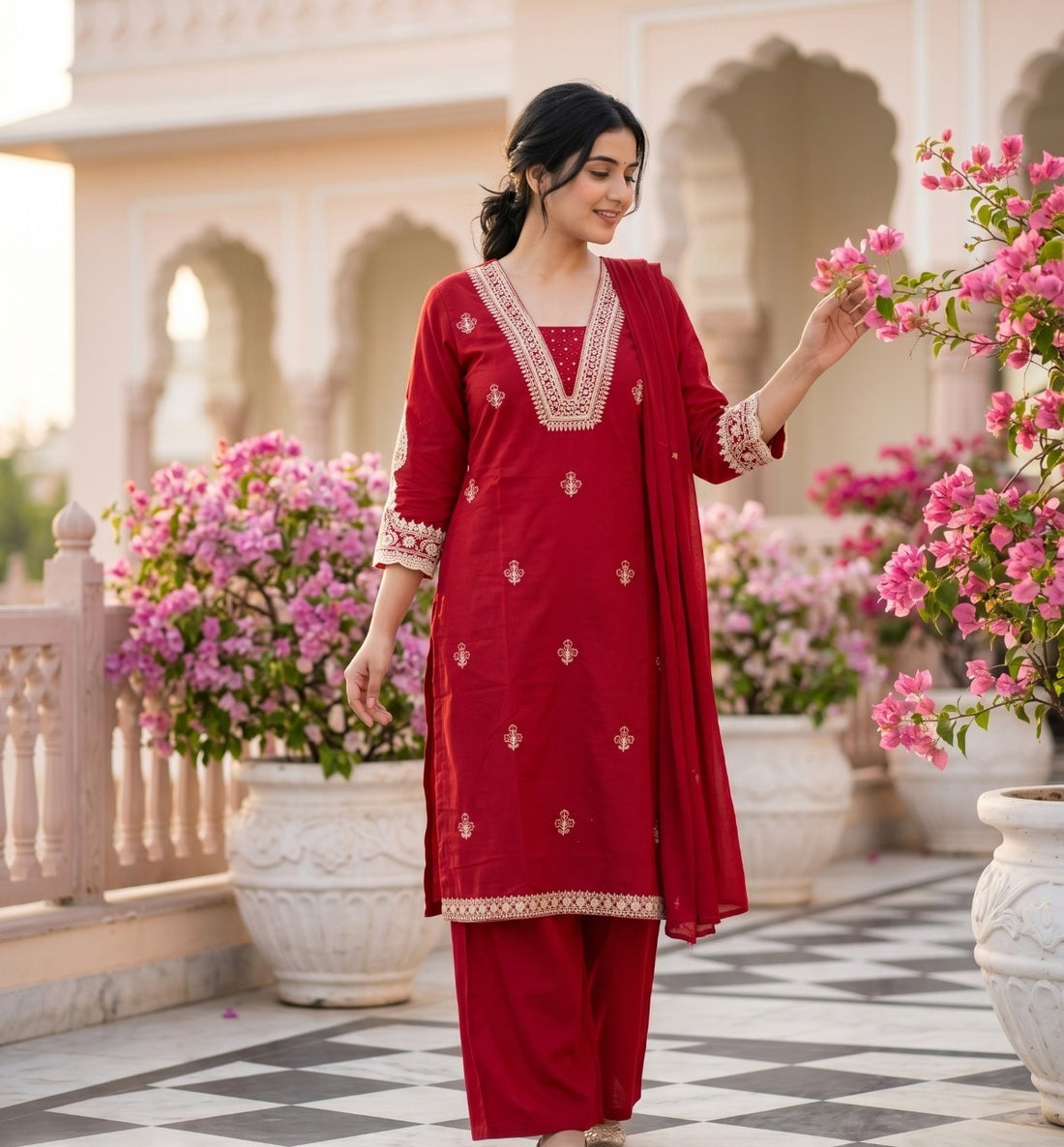 Dark Pink Embroidered Cotton Kurta Set with Dupatta