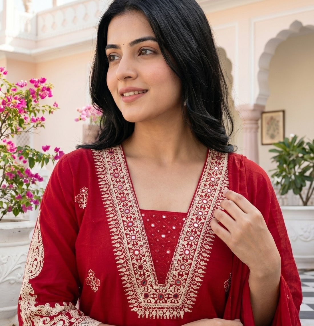 Dark Pink Embroidered Cotton Kurta Set with Dupatta