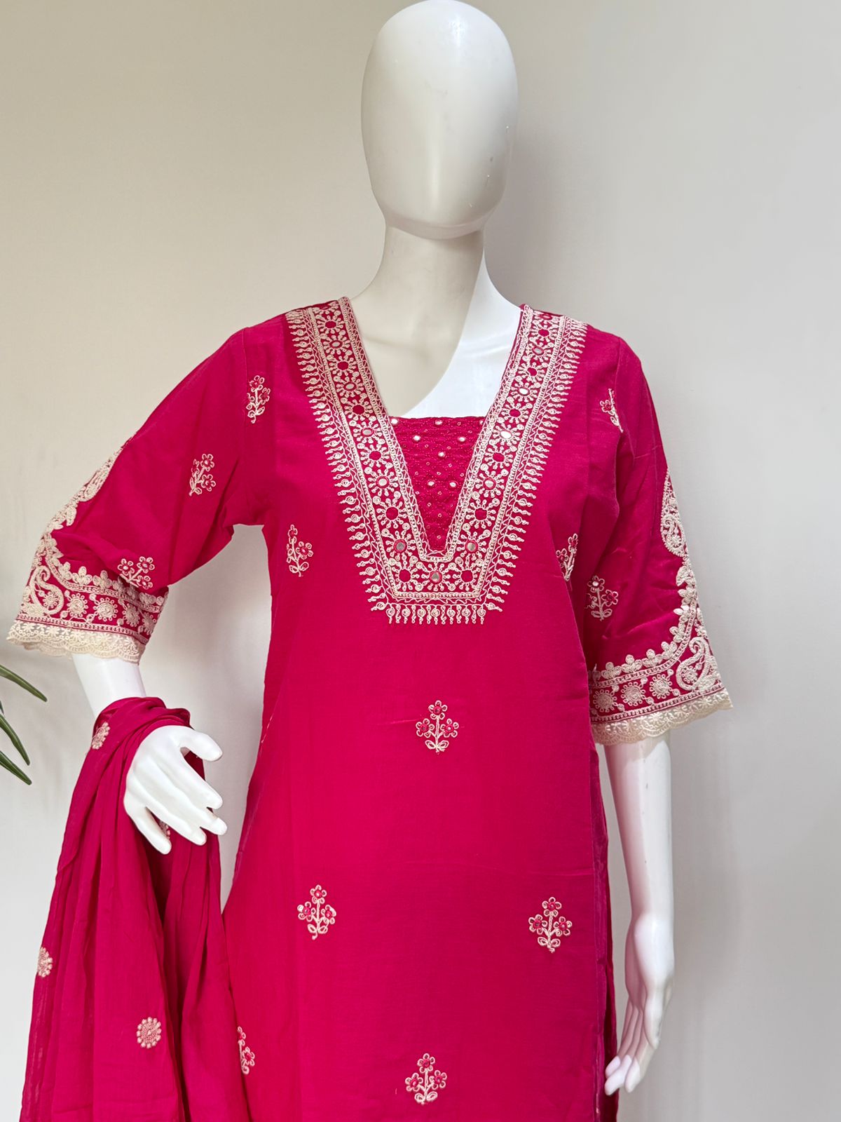 Hot Pink Embroidered Kurta Palazzo Set with Dupatta