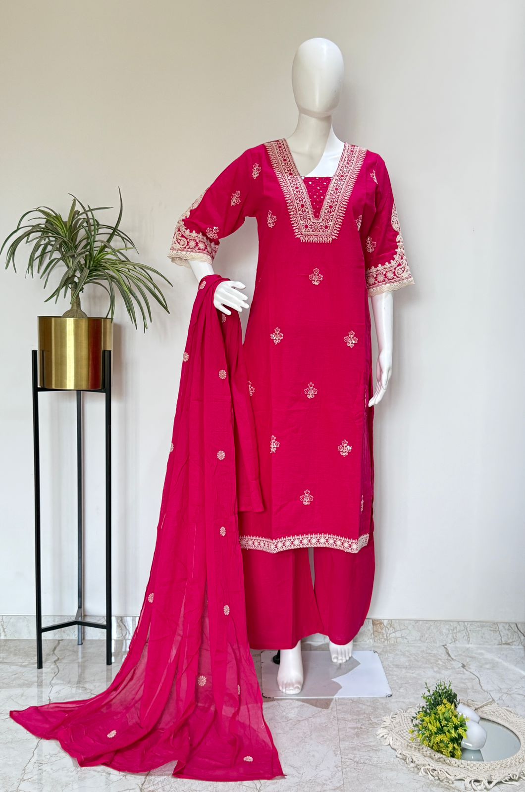 Hot Pink Embroidered Kurta Palazzo Set with Dupatta