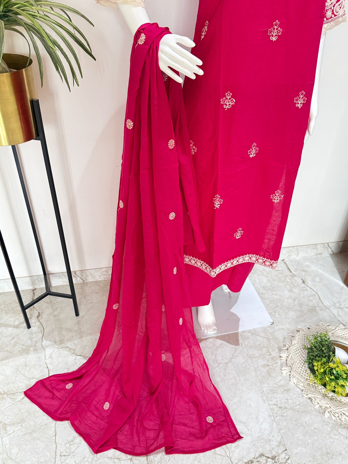 Hot Pink Embroidered Kurta Palazzo Set with Dupatta