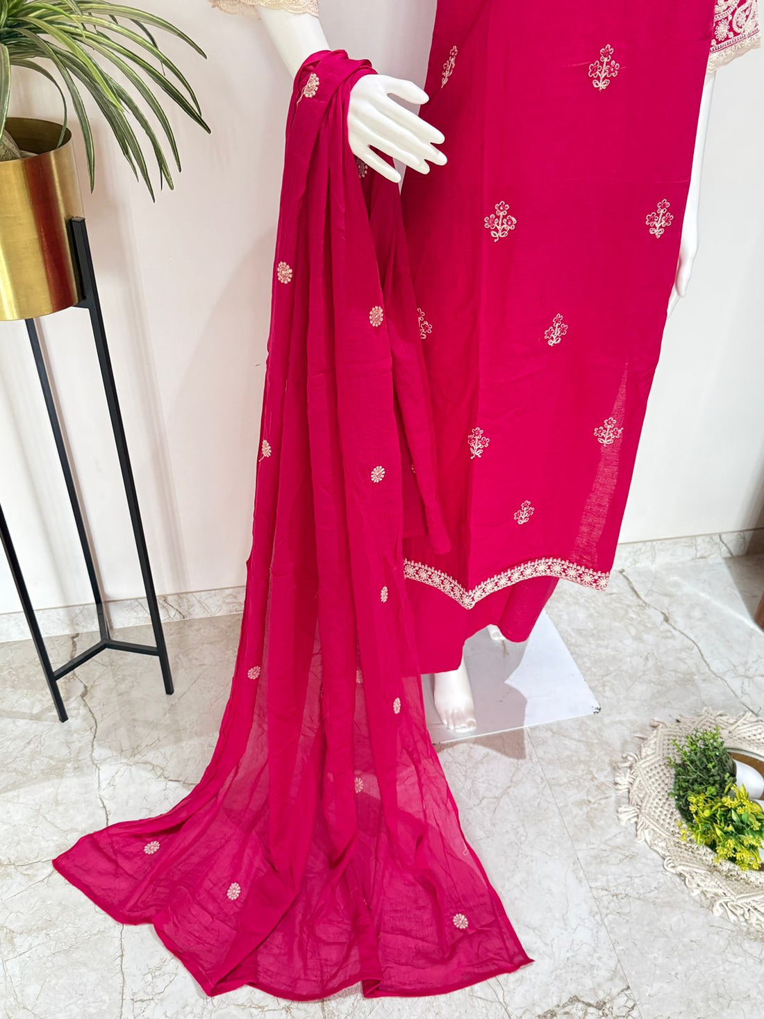 Hot Pink Embroidered Kurta Palazzo Set with Dupatta
